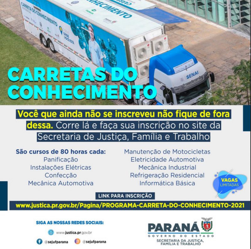 Estão abertas as inscrições para o Curso da Carreta do Conhecimento - Projeto do Governo do Estado do Paraná.