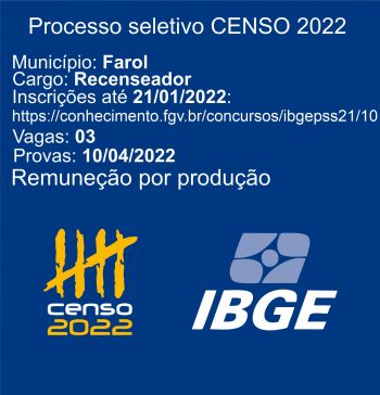 Inscrições para os interessados no Processo Seletivo Simplificado (PSS) para o cargo de Recenseador até o dia 21 de janeiro de 2022. 