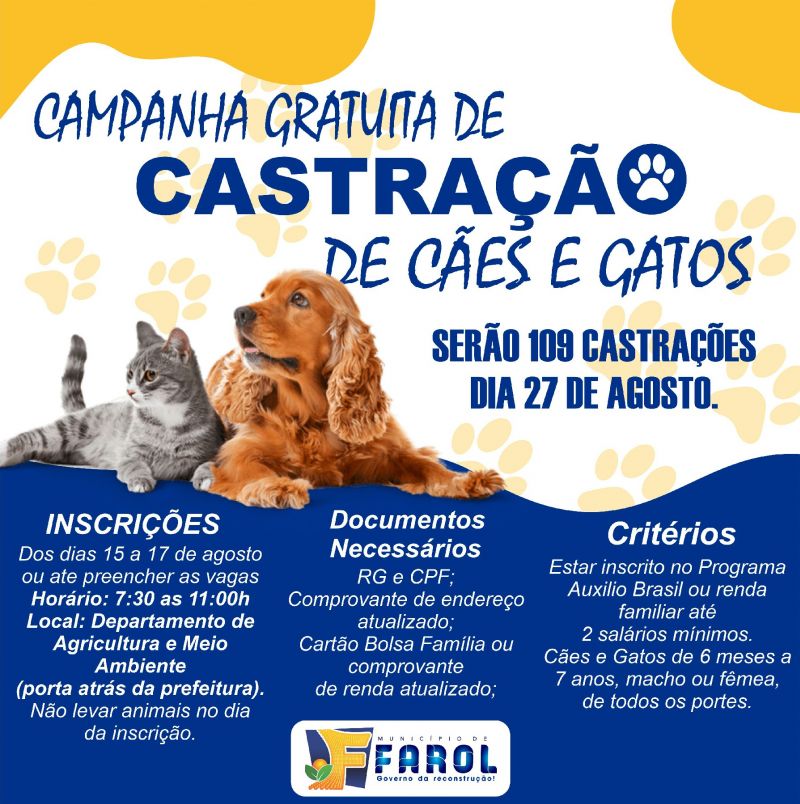 CASTRAÇÃO GRATUITA DE CÃES E GATOS NO MUNICÍPIO DE FAROL