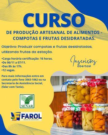 Farol/Senar: Curso de Produção Artesanal de Alimentos  em compotas e frutas cristalizadas está com vagas abertas  