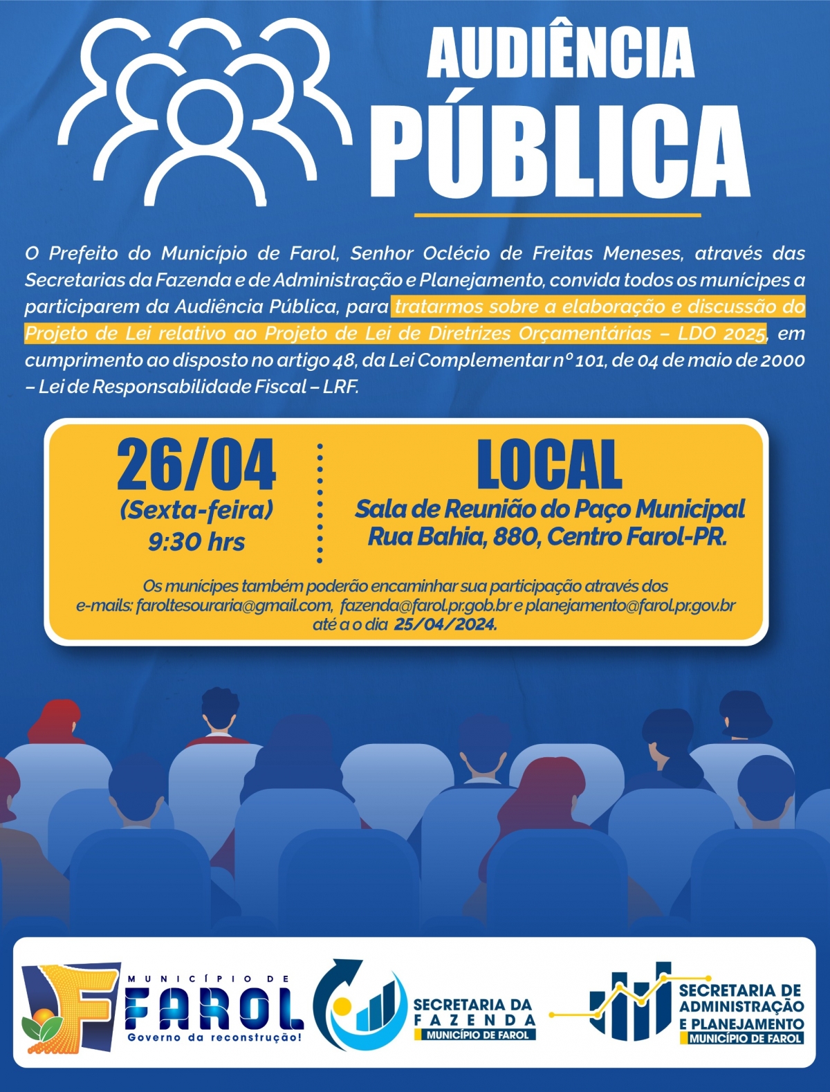Farol realiza Audiência Pública para elaboração da LDO nesta sexta-feira, 26