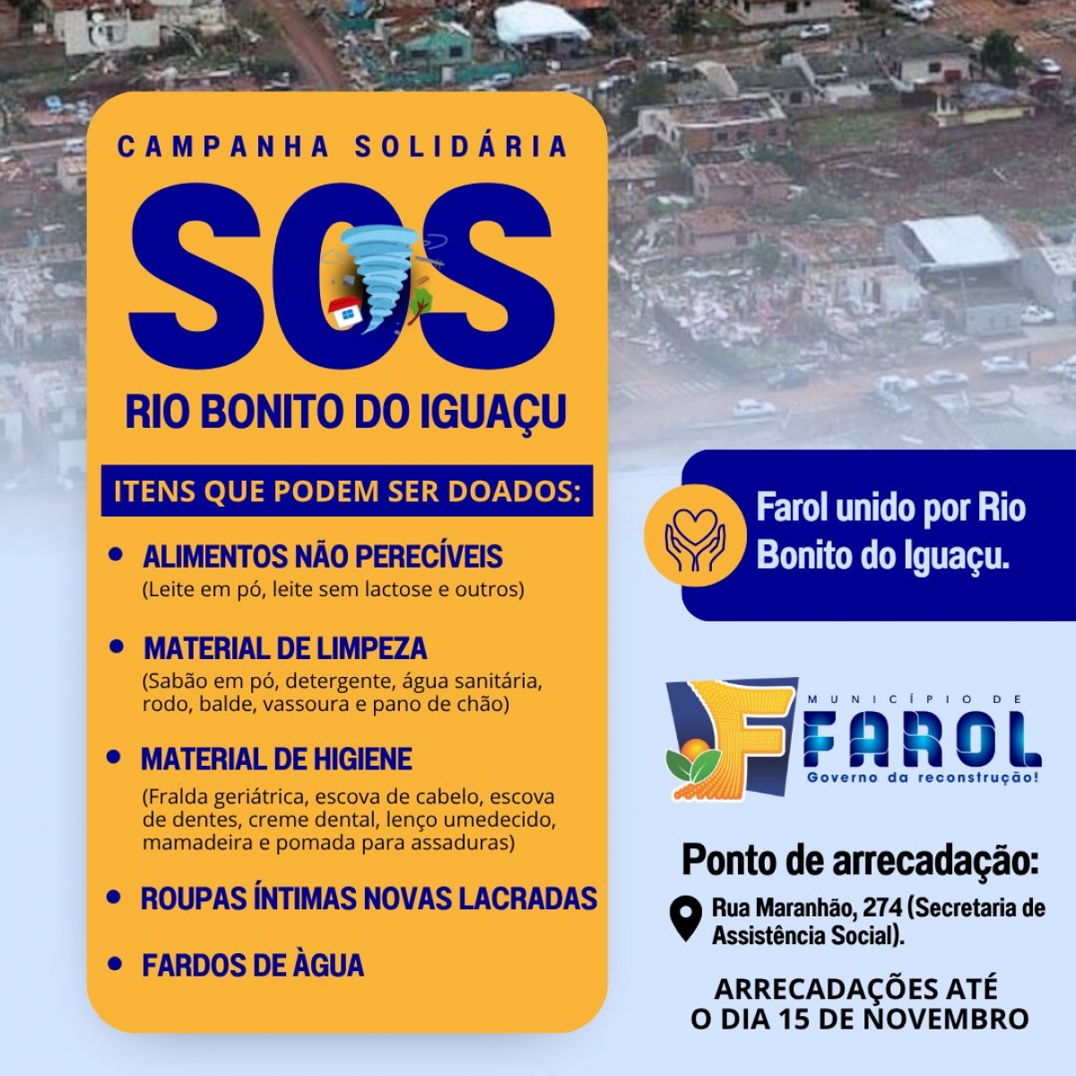 Município de Farol lança campanha solidária em apoio a Rio Bonito do Iguaçu