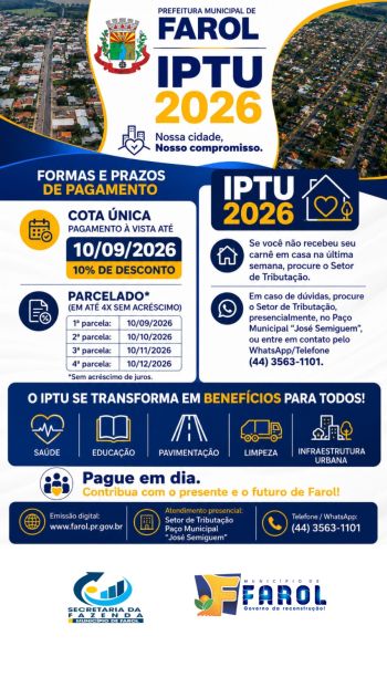 IPTU 2026: CONFIRA OS PRAZOS, DESCONTOS E COMO O IMPOSTO CONTRIBUI PARA O CRESCIMENTO DA NOSSA CIDADE